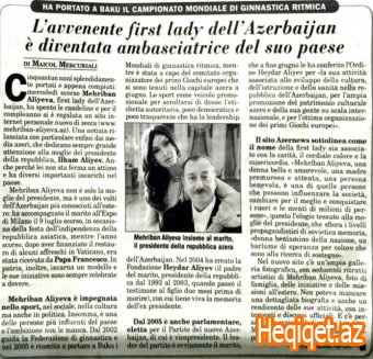 “İtalia Oggi” qəzeti Mehriban Əliyevadan yazdı