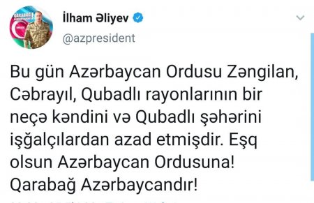 Zəfər xronikası 25 oktyabr 2020-ci il: Prezident İlham Əliyev Qubadlının işğaldan azad olunduğunu açıqlayıb